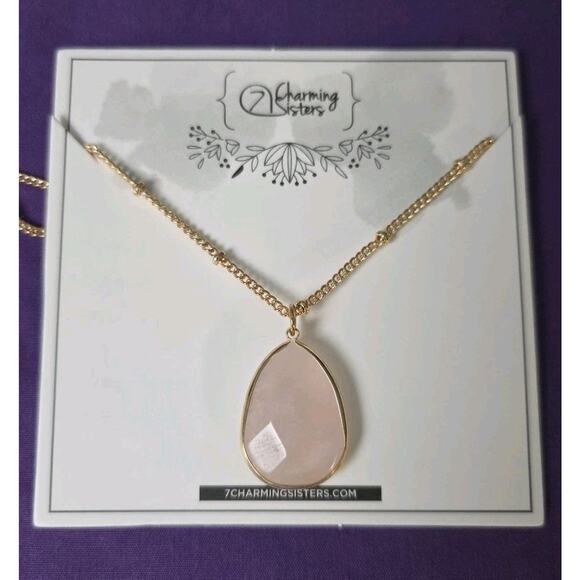 Rose Quartz Teardrop Pendant Necklace On Gold Tone Satellite Station Chain - Picture 1 of 9